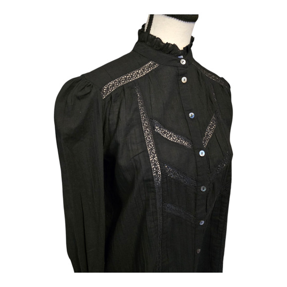 Sundance Louisa Button Up Blouse Womens Black Size XS High Ruffle Neck Feminine - Picture 2 of 11